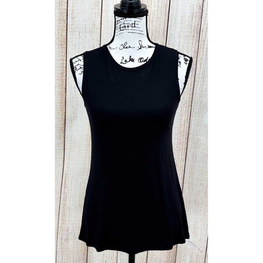 Eileen Fisher Crew Neck Long Tank Top Size PP Petite Black Stretch Jersey‎ NWT